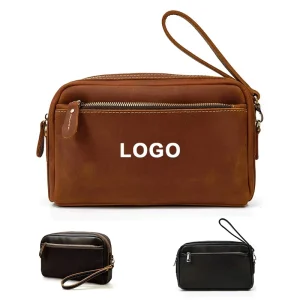 Custom Logo Full Grain Leather Mens Toiletry Bag Large Capacity Waterproof Travel Bag Unisex Makeup Bag Portable Outdoor