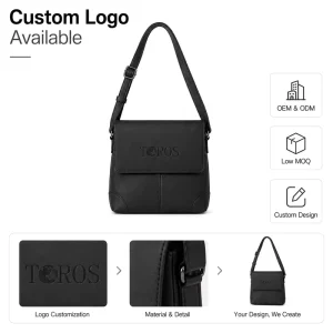 Custom Logo Men’s Black PU Leather Messenger Bag Minimalist Business Casual Shoulder Crossbody Bag OEM