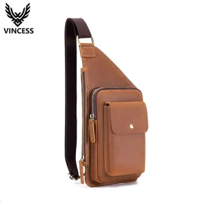 Custom Logo Men’s Top Grain Cowhide Leather Sling Chest Bag Retro Multi Pocket Crossbody Shoulder Bag OEM Casual Daily Backpack