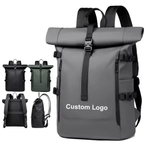 Custom Logo PU Men’s Backpack Large Capacity Roll Top Laptop Bag Trendy Student School Travel Backpack Factory