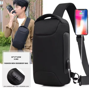 Custom Logo Portable Durable Polyester Fashion Fanny Pack Chest Bag Waterproof Anti-Theft USB Charge Crossbody Sling Bags Men