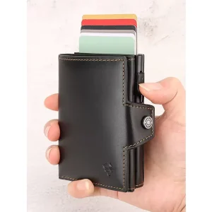 Custom Logo Purse RFID Anti-theft Alloy Side Push Multi Card Money Bag Retro Genuine Leather Wallets for Men