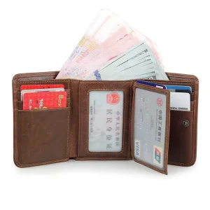 Custom Logo RFID Factory Vintage Leather Wallet Men’s Casual Leather Tri Fold Wallet Men’s Leather Wallet with Coin Pouch