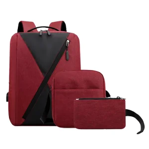 Custom Logo Three-Piece Men’s Travel USB Laptop Backpack Waterproof Oxford Material with Polyester Lining Splicing Style