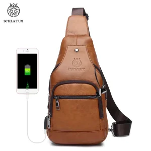 Custom Logo Vintage Chest Bag for Men, Genuine Cowhide Leather with Earphone Hole and USB Charge