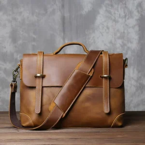 Custom Logo Vintage Style Leather Shoulder Bag Men Office Laptop Bag Tote Daily Use Messenger Mens Leather Briefcase