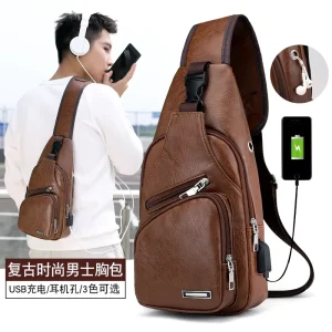 Custom Logo Waterproof Crossbody Money Bag Backpack Travel Men PU Chest Bag with Usb Chest Bags