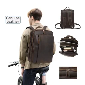 Custom Logo Waterproof Genuine Leather Men’s Bag Travel Casual Sports School Student Laptop Backpack with Multi Compartments