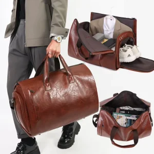 Custom Logo Waterproof Large Capacity Foldable Portable Men’s PU Leather Vintage Duffel Travel Suit Shoe Garment Bag for Men
