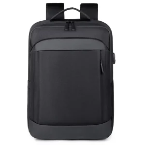 Custom Men’s Business Denim Solid Color Polyester Lining 15.6 Inch Laptop Backpack Curved Shoulder