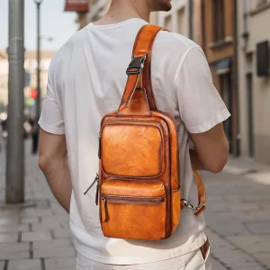 Custom Men’s Chest Bag Genuine Leather Large Capacity Crossbody European-American Retro Style Daily Chest Bag