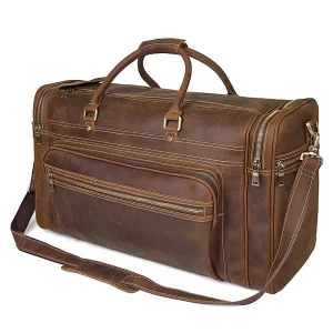 Custom Men’s Crazy Horse Leather Large Capacity Handbag Duffel Bag, Leather Travel Bag, Shoulder Messenger Weekend Bag
