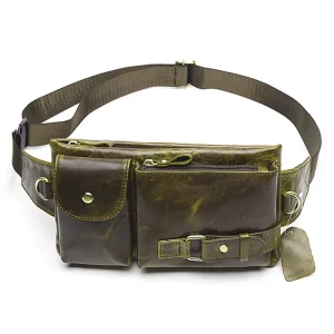 Custom Men’s Fanny Pack Casual Cell Phone Case Crazy Horse Leather Waist Bag with Zipper Closure