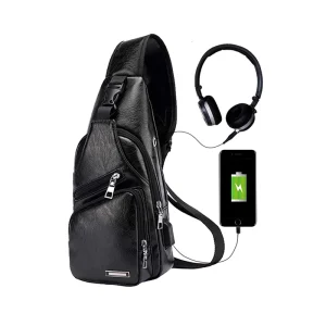 Custom Men’s Fashion Leather Sling Bag Chest Shoulder Crossbody Backpack USB Charging Port Waterproof Zipper Closure Polyester