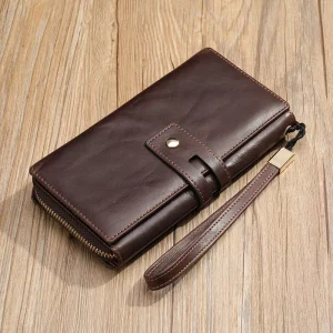 Custom Men’s Genuine Leather Long Wallet Foldable Clutch Bag Waterproof RFID Lining Zipper Button Closure Large Capacity