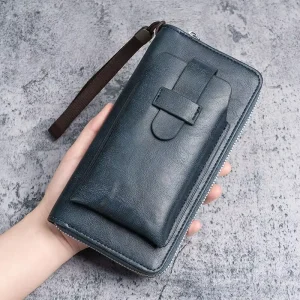 Custom Men’s PU Leather Long Wallet with Multi-Card & Money Clip Zipper Phone Bag for Business Polyester Lining Wallet