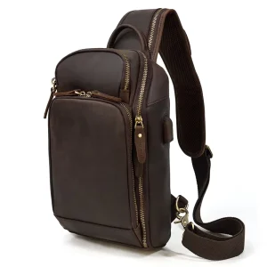 Custom Men’s Real Leather Chest Bag USB Charging Port Sling Bag Crazy Horse Leather Crossbody Shoulder Bag