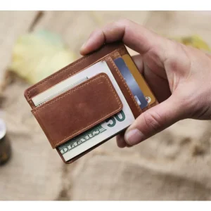 Custom Men’s Real Leather RFID Blocking Wallet Strong Magnet Money Clip Front Pocket Thin Design