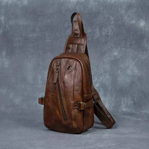 Custom Men’s Vintage Genuine Leather Zipper Closure Chest Shoulder Bag Large Capacity Durable Design Business Outdoor Daily Use