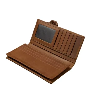 Custom Men’s Wallet Genuine Leather Brown Slim Credit Card Holder Long Purse RFID Bifold Wallet