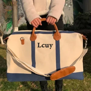 Custom Monogrammed Larger Capacity Weekender Bag Personalized Embroidered Natural Waxed Canvas Carry-on Tote