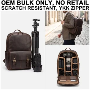 Custom OEM Camel Top Grain Leather Camera Lens Case Compact Size With Adjustable Strap Leather Camera Bag Backpack for AUS