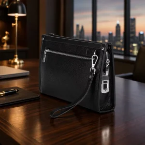 Custom OEM Fingerprint Lock Leather Business Bag Men Anti Theft Smart Clutch GPS Rechargeable Travel Factory