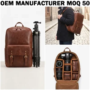 Custom OEM High Quality Brown Real Leather Photo Bag Retro Style Multi pocket Travel Rucksack Leather Camera Bag Backpack for DE