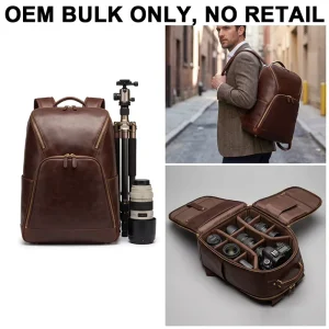 Custom OEM Large Capacity Dark Brown Cowhide DSLR Backpack Laptop Compartment Tripod Holder Leather Camera Bag Backpack
