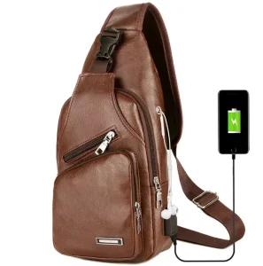 Custom PU Leather USB Charging Port Sling Bag Men’s Small Chest Crossbody Messenger Waterproof Zipper Closure