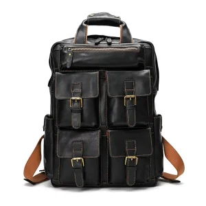 Custom Printed Logo Full Grain Leather Backpack 17 Laptop Bag Men’s Vintage Business Backpack for Travel Hiking Camping