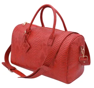 Custom Red Snakeskin Vegan Leather Large Tote and Carry on Duffel Weekend Gym Travel Duffle Bags