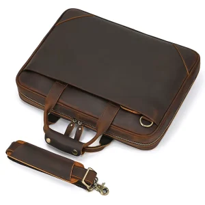 Custom Retro Crazy Horse Genuine Leather Waterproof Briefcase Men’s Ultra-Thin Business Laptop Bag 15.6 Inch Zipper Closure