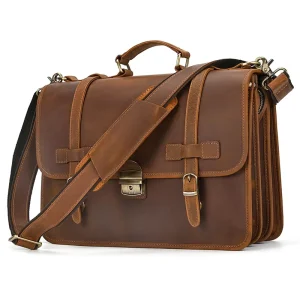 Custom Retro English Luxury Genuine Leather Waterproof Portable Business Men’s Hard Briefcase Nylon Lining Crazy Horse Finish