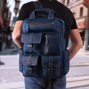 Custom Retro Men’s Genuine Leather Laptop Backpack Convertible Many Pockets Polyester Lining Zipper Closure