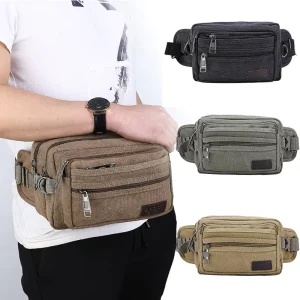 Custom Small Outdoor Sport Tactical Fanny Pack Men’s Khaki Canvas Bag With Zipper