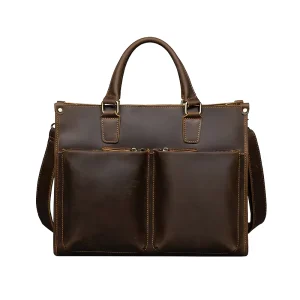 Custom Spot Men’s Genuine Leather Zipper Vintage Business Briefcase Laptop Shoulder Crossbody Waterproof Durable Handbag