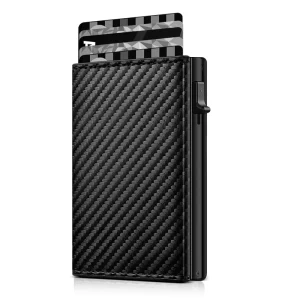Custom Thin Men’s PU Leather ID Card Wallet with Logo RFID Anti Theft Aluminum Alloy Card Bag Pop up Credit Card Holder Sleeve
