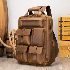 Custom Travel Backpack Vintage Large Capacity Multiple Pockets Genuine Leather Laptop Backpack