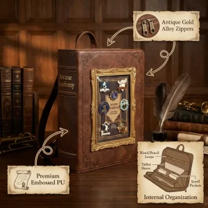 Custom Unique Vintage Magic School Ita Backpack High Quality Embossed PU Cosplay Bag with Pin Display For College Cosplay