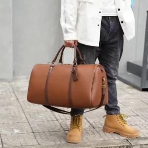 Custom Unisex Travel Tote Duffel Bag Large Waterproof PU Leather Weekender Overnight Bag with Zipper Closure for Men’s Trips