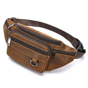 Custom Vintage Crazy Horse Genuine Leather Waterproof Durable Zipper Closure Men’s Shoulder Bag Polyester Outdoor Mobile Phone