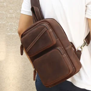 Custom Vintage Crazy Horse Leather Crossbody Shoulder Bag Genuine Leather Men’s Chest Bag Geometric Summer Fashion