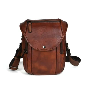 Custom Vintage Vegetable Tanned Leather Men’s Crossbody Messenger Bag Waterproof Durable Zipper Closure Outdoor