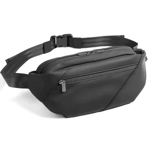 Customised Men’s Waist Bag Black PU Leather Fanny Pack with Logo Waterproof Boy Pouch