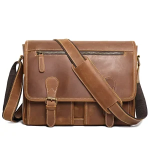 Customizable Brown Crazy Horse Leather Office Bag Mens Laptop Messenger Bags Leather Satchel Crossbody Bags