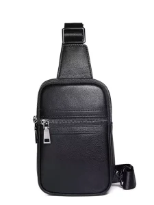 Customizable Logo New Genuine Leather Waterproof Fashion Double Zipper Men’s Shoulder Crossbody Travel Sling Chest Bag