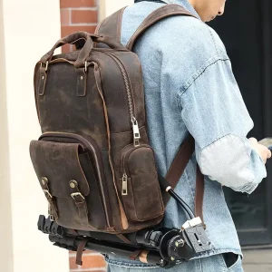 Customizable Men’s Crazy Horse Leather Backpack Retro Vintage Travel Camera Bag Outdoor Photography Waterproof Polyester Lining
