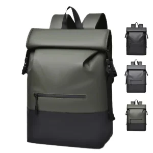 Customizable Men’s Laptop Backpack Polyester Large Capacity Casual Roll Top Design Black Waterproof for Business