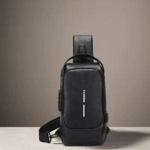 Customizable Men’s PU Leather Crossbody Chest Bag Waterproof Anti-Theft USB Charging